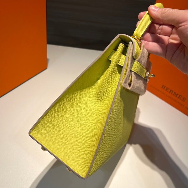 HM KELLY 25CM PELLE EPSOM COLOR LIME FERRAMENTA ORO
