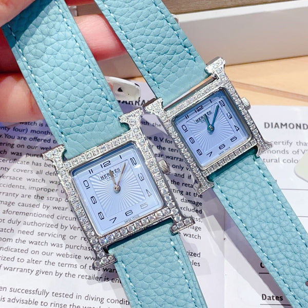 HM HEURE H 26 QUADRANTE BLU ARGENTO LUNETTA DIAMANTI PELLE EPSOM 