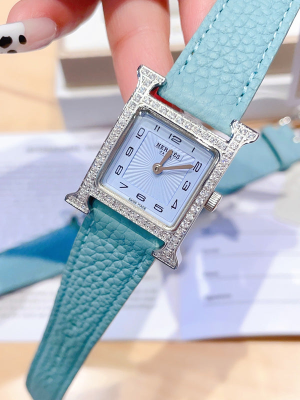 HM HEURE H 26 QUADRANTE BLU ARGENTO LUNETTA DIAMANTI PELLE EPSOM 
