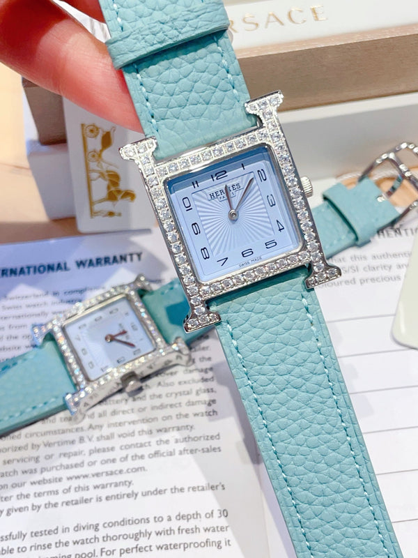 HM HEURE H 26 QUADRANTE BLU ARGENTO LUNETTA DIAMANTI PELLE EPSOM 