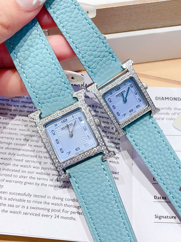 HM HEURE H 26 QUADRANTE BLU ARGENTO LUNETTA DIAMANTI PELLE EPSOM 