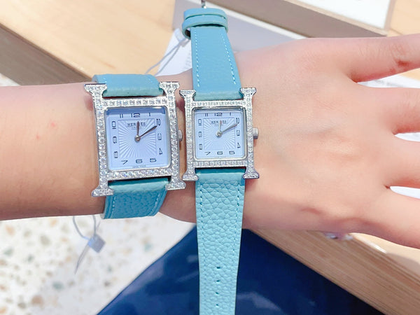 HM HEURE H 26 QUADRANTE BLU ARGENTO LUNETTA DIAMANTI PELLE EPSOM 