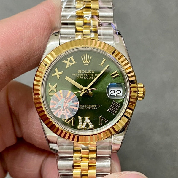DATEJUST 36MM GOLD STEEL DIAMOND NUMERALS GREEN DIAL