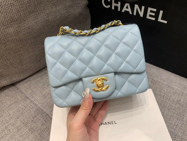 MINI SQUARE FLAP BAG 17CM CLOUD BLUE LAMBSKIN GOLD HARDWARE