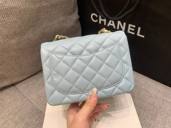 MINI SQUARE FLAP BAG 17CM CLOUD BLUE LAMBSKIN GOLD HARDWARE