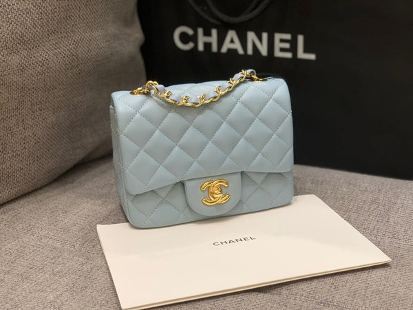 MINI SQUARE FLAP BAG 17CM CLOUD BLUE LAMBSKIN GOLD HARDWARE