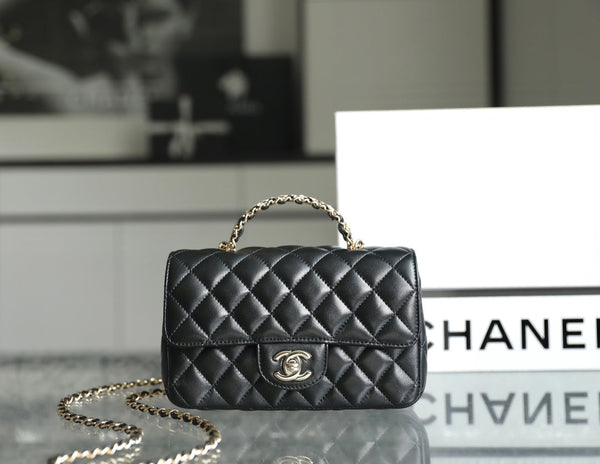 MINI RECTANGLE FLAP BAG TOP HANDLE 20CM BLACK LAMBSKIN SILVER HARDWARE