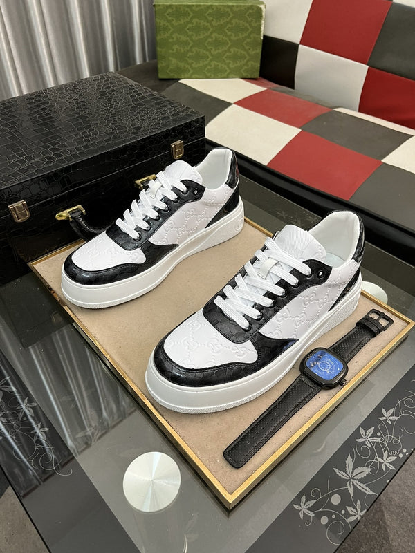 GG SNEAKERS IN EMBOSSED WHITE BLACK COWHIDE LEATHER