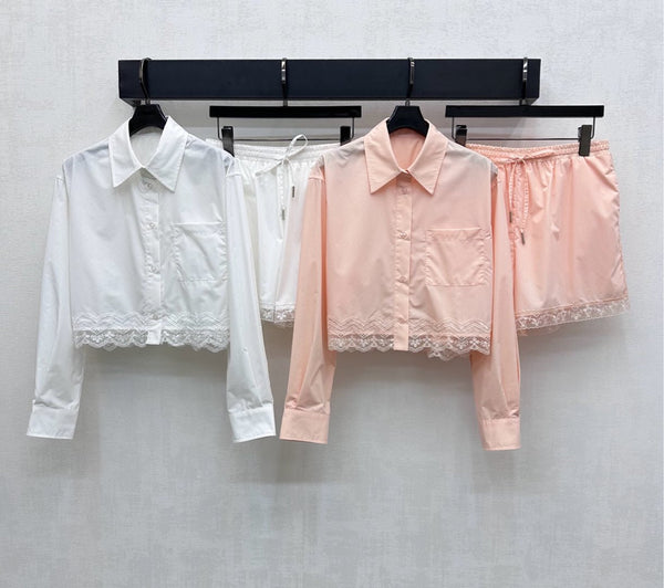 LV25 Lace-Trimmed Shirt and Shorts Set Apricot Cotton 290151