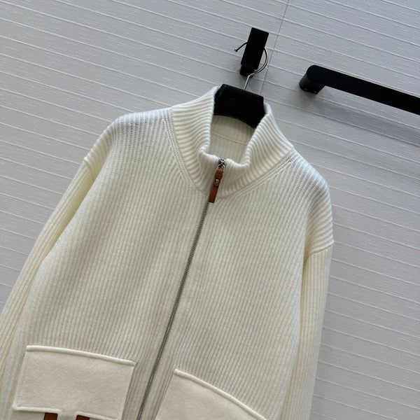 HM 25S Zipped Jacket H Leather Pockets in White Cashmere