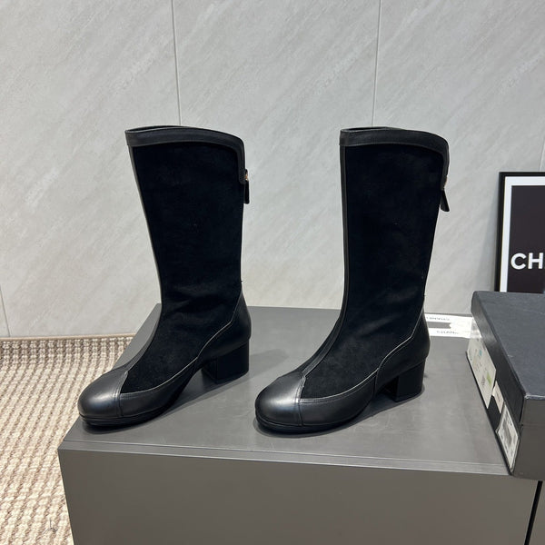CC 25S Round Toe Mid-Heel Zippered High Boots in Black Cowhide and Suede  442489