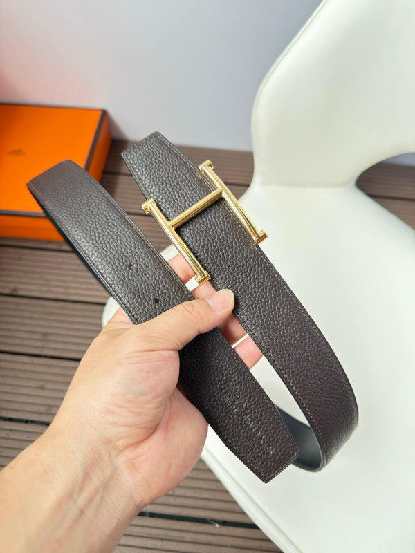 H JUMPING BELT 38MM GOLD BUCKLE & REVERSIBLE CHOCOLATE BLACK LEATHER