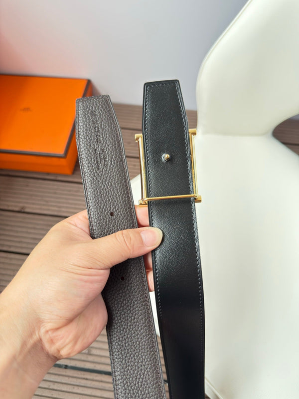 H JUMPING BELT 38MM GOLD BUCKLE & REVERSIBLE CHOCOLATE BLACK LEATHER