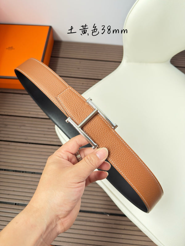 H JUMPING BELT 38MM SILVER BUCKLE & REVERSIBLE BROWN AND BLACK LEATHER