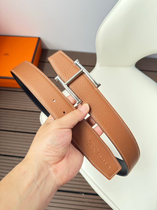 H JUMPING BELT 38MM SILVER BUCKLE & REVERSIBLE BROWN AND BLACK LEATHER