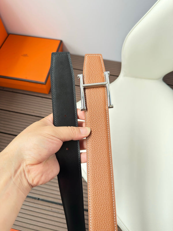 H JUMPING BELT 38MM SILVER BUCKLE & REVERSIBLE BROWN AND BLACK LEATHER