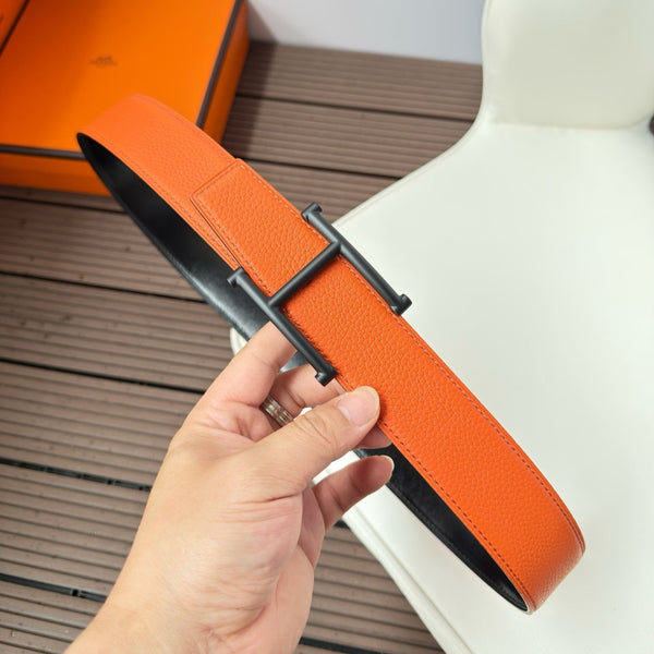 H JUMPING BELT 38MM BLACK BUCKLE & REVERSIBLE ORANGE AND BLACK LEATHER