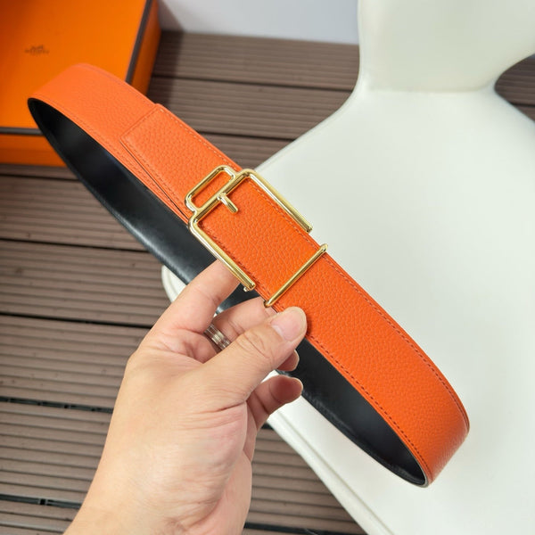 H VOLTE-FACE BELT 38MM GOLD BUCKLE & REVERSIBLE ORANGE AND BLACK LEATHER