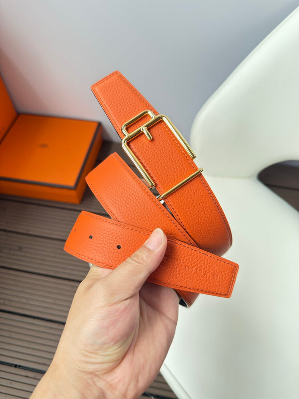 H VOLTE-FACE BELT 38MM GOLD BUCKLE & REVERSIBLE ORANGE AND BLACK LEATHER