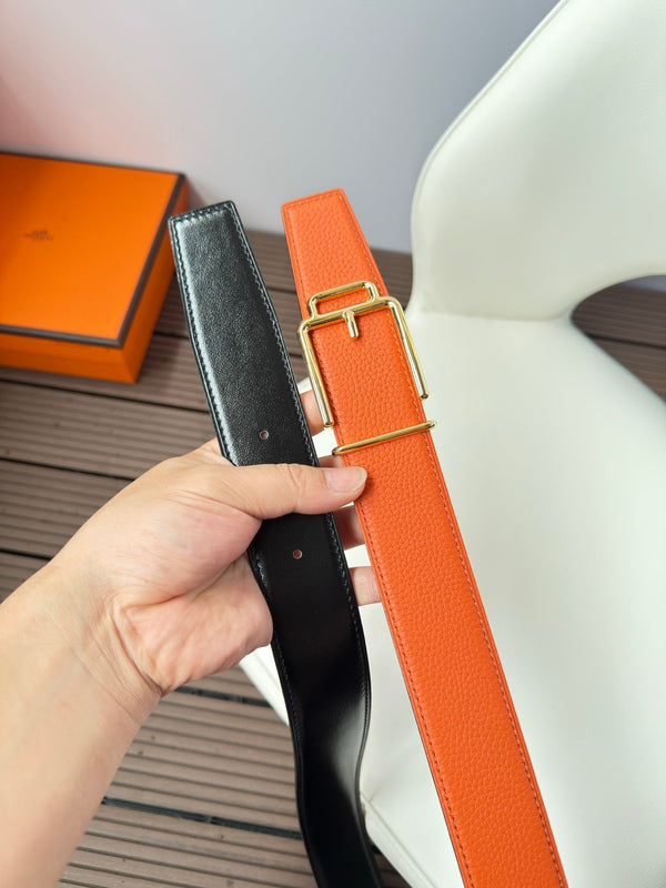 H VOLTE-FACE BELT 38MM GOLD BUCKLE & REVERSIBLE ORANGE AND BLACK LEATHER
