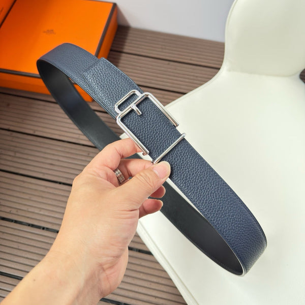 H VOLTE-FACE BELT 38MM SILVER BUCKLE & REVERSIBLE NAVY BLUE AND BLACK LEATHER