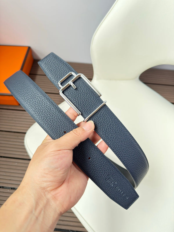 H VOLTE-FACE BELT 38MM SILVER BUCKLE & REVERSIBLE NAVY BLUE AND BLACK LEATHER