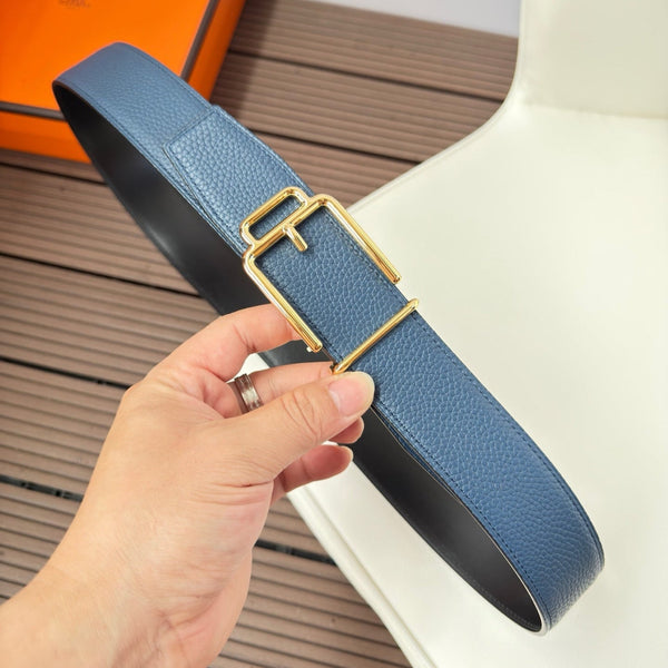 H VOLTE-FACE BELT 38MM GOLD BUCKLE & REVERSIBLE BLUE AND BLACK LEATHER