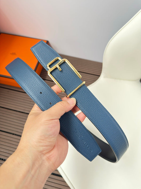 H VOLTE-FACE BELT 38MM GOLD BUCKLE & REVERSIBLE BLUE AND BLACK LEATHER