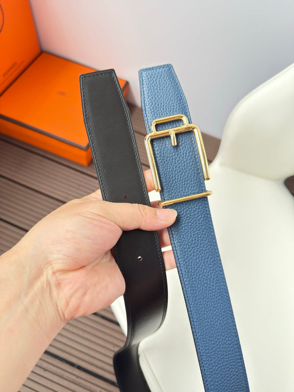 H VOLTE-FACE BELT 38MM GOLD BUCKLE & REVERSIBLE BLUE AND BLACK LEATHER