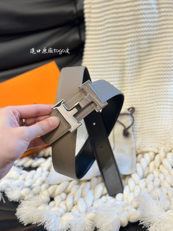 H 5382 BELT 38MM SILVER BUCKLE & REVERSIBLE BEIGE AND BLACK LEATHER