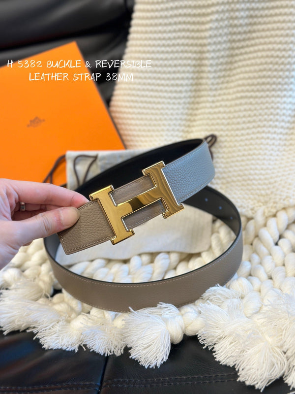 H 5382 BELT 38MM GOLD BUCKLE & REVERSIBLE BEIGE AND BLACK LEATHER