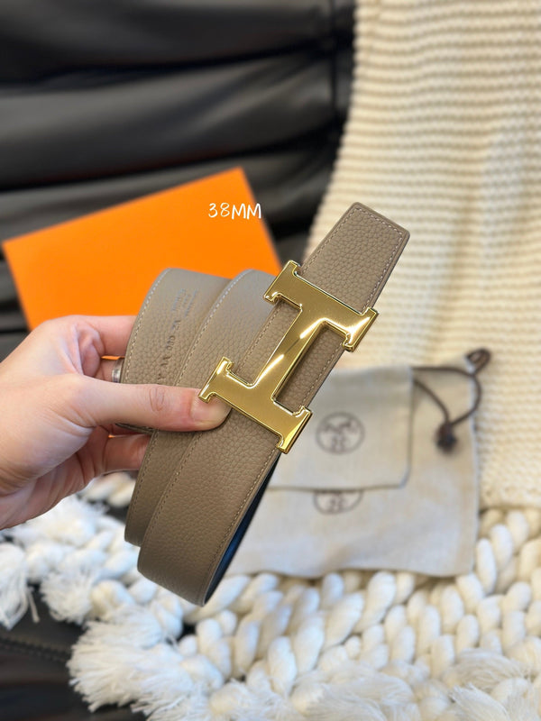 H 5382 BELT 38MM GOLD BUCKLE & REVERSIBLE BEIGE AND BLACK LEATHER