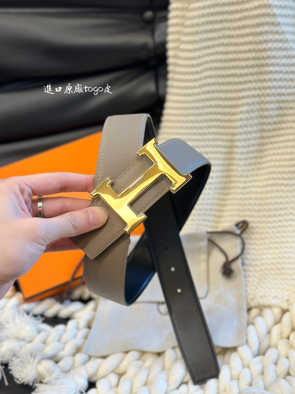 H 5382 BELT 38MM GOLD BUCKLE & REVERSIBLE BEIGE AND BLACK LEATHER