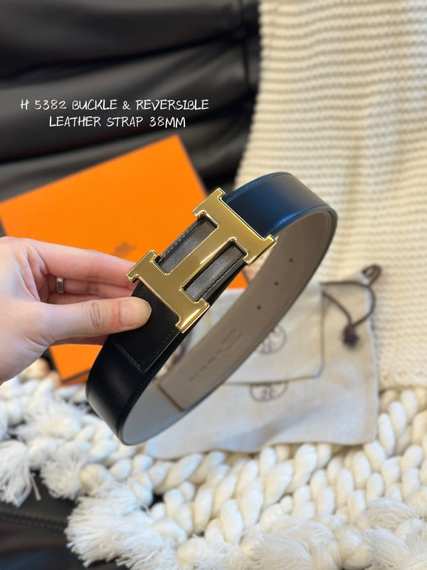 H 5382 BELT 38MM GOLD BUCKLE & REVERSIBLE BEIGE AND BLACK LEATHER