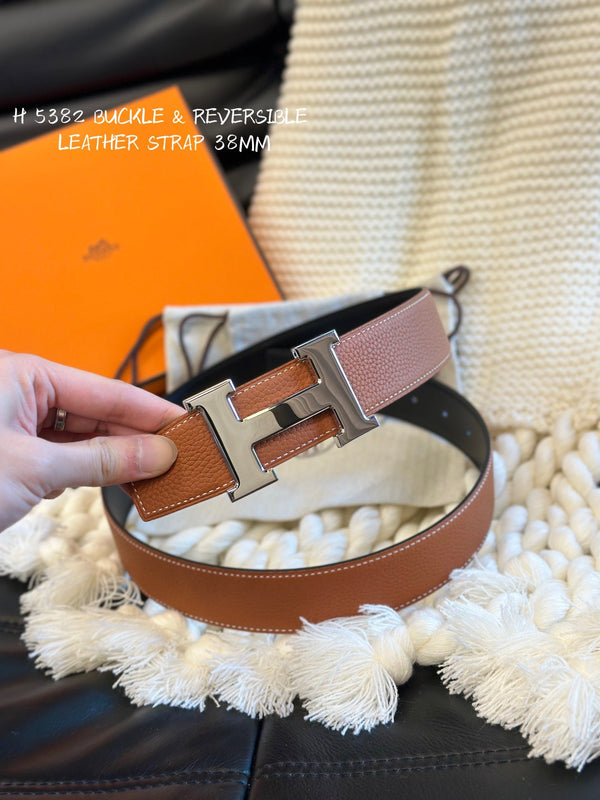 H 5382 BELT 38MM SILVER BUCKLE & REVERSIBLE BROWN AND BLACK LEATHER