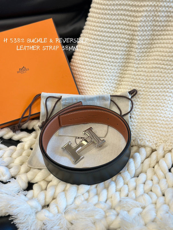 H 5382 BELT 38MM SILVER BUCKLE & REVERSIBLE BROWN AND BLACK LEATHER