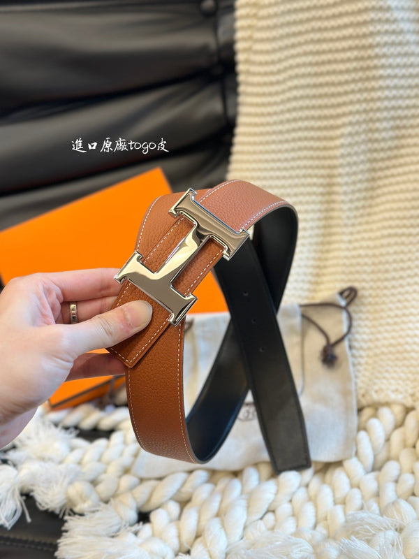 H 5382 BELT 38MM SILVER BUCKLE & REVERSIBLE BROWN AND BLACK LEATHER