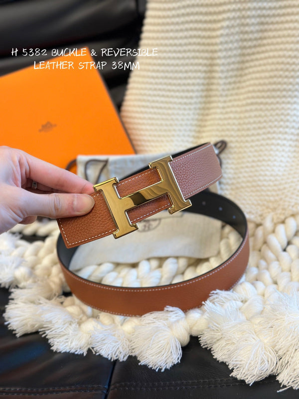 H 5382 BELT 38MM GOLD BUCKLE & REVERSIBLE BROWN AND BLACK LEATHER