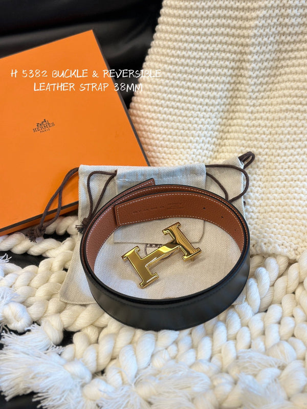 H 5382 BELT 38MM GOLD BUCKLE & REVERSIBLE BROWN AND BLACK LEATHER