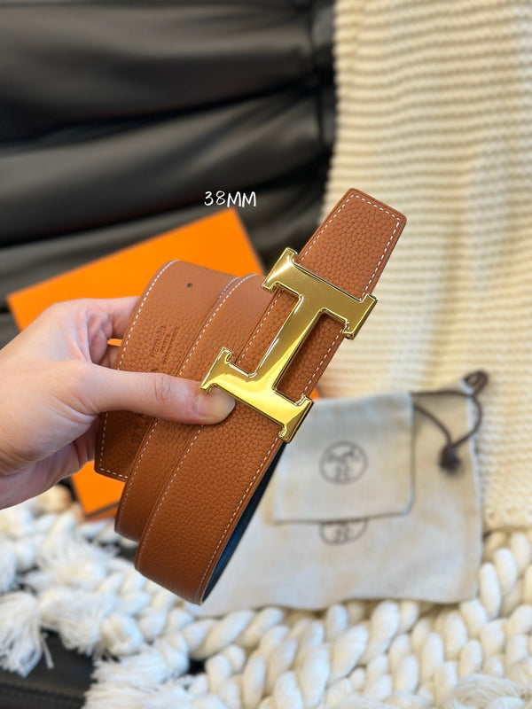 H 5382 BELT 38MM GOLD BUCKLE & REVERSIBLE BROWN AND BLACK LEATHER