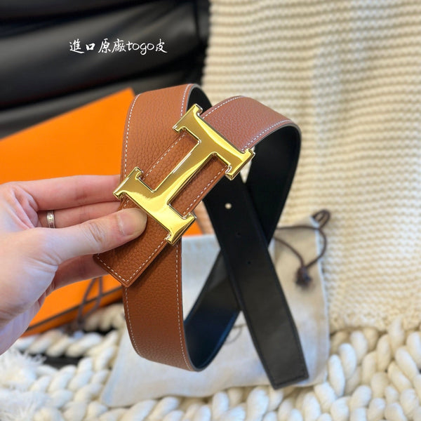 H 5382 BELT 38MM GOLD BUCKLE & REVERSIBLE BROWN AND BLACK LEATHER