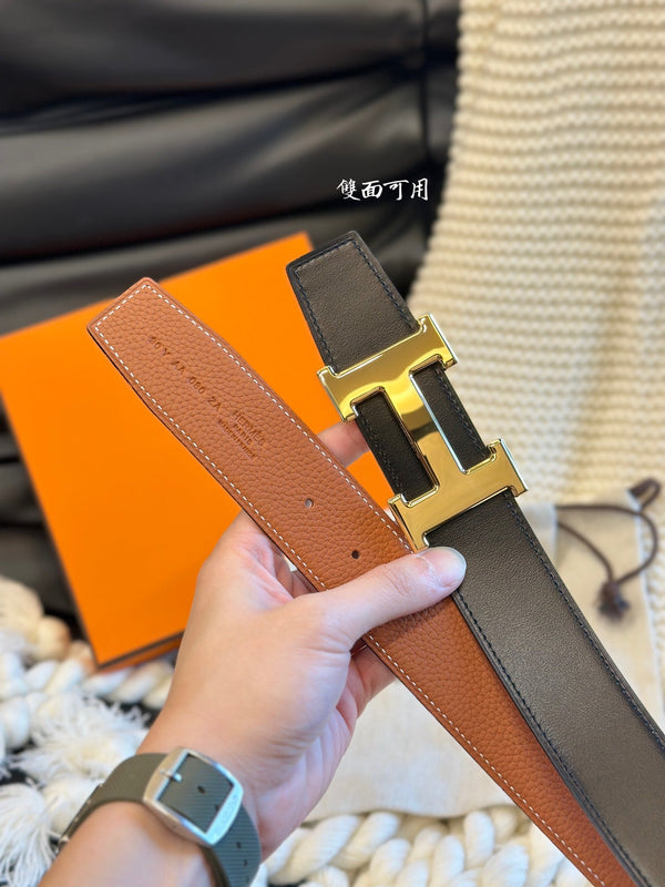 H 5382 BELT 38MM GOLD BUCKLE & REVERSIBLE BROWN AND BLACK LEATHER
