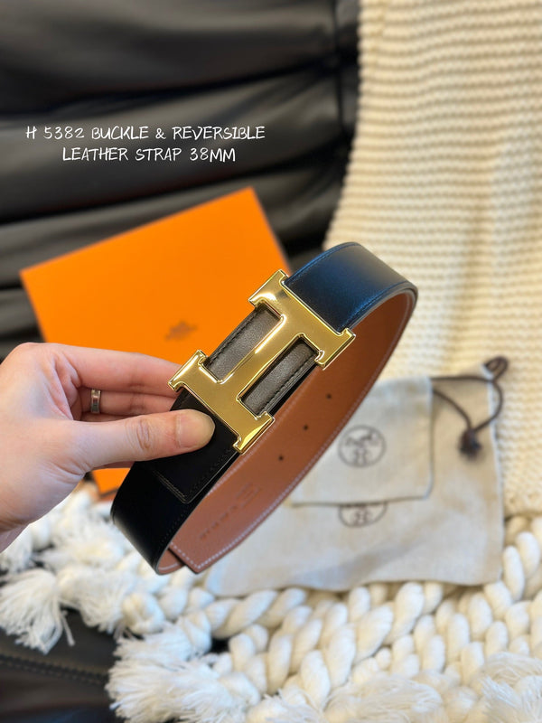 H 5382 BELT 38MM GOLD BUCKLE & REVERSIBLE BROWN AND BLACK LEATHER