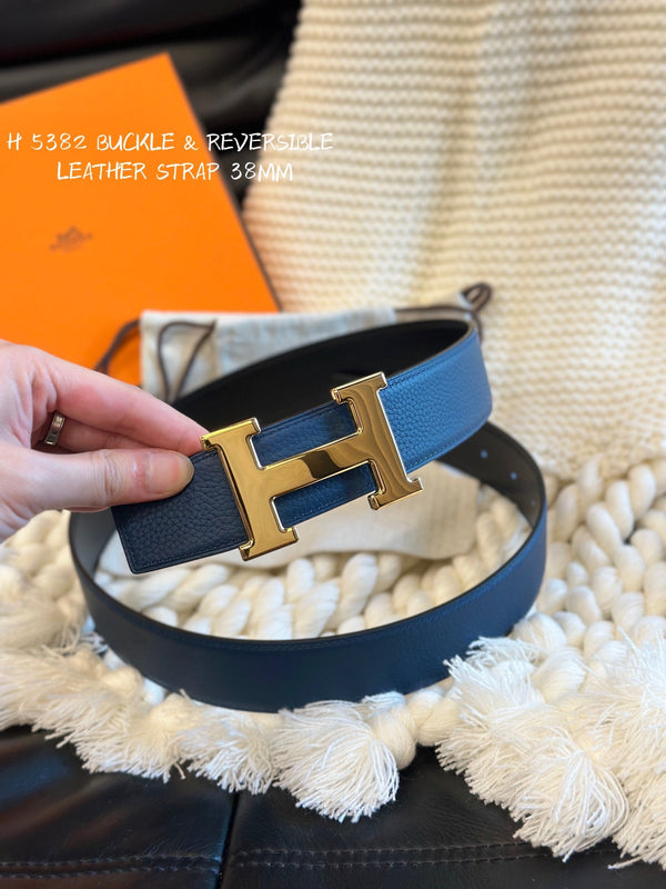 H 5382 BELT 38MM GOLD BUCKLE & REVERSIBLE BLUE AND BLACK LEATHER