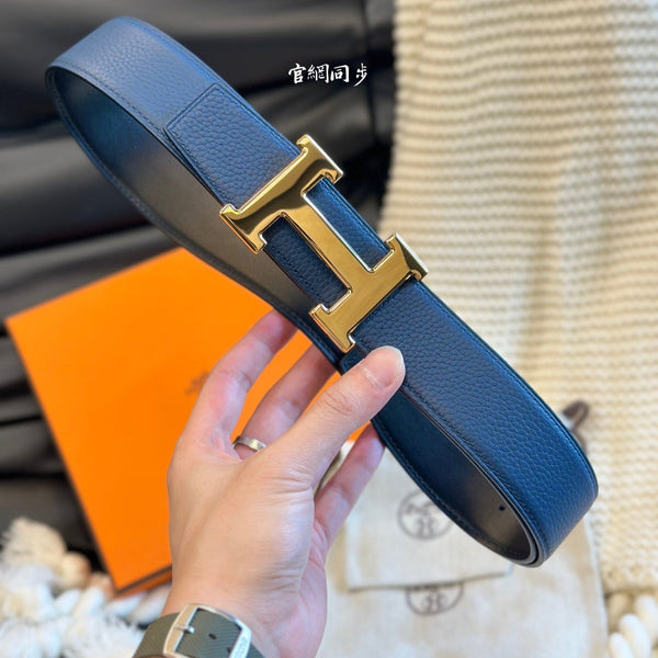 H 5382 BELT 38MM GOLD BUCKLE & REVERSIBLE BLUE AND BLACK LEATHER