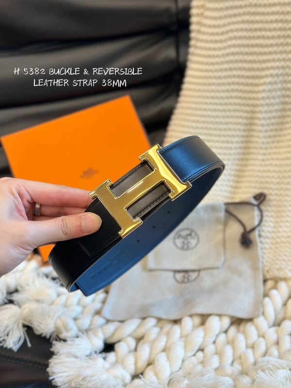 H 5382 BELT 38MM GOLD BUCKLE & REVERSIBLE BLUE AND BLACK LEATHER