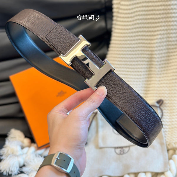 H 5382 BELT 38MM SILVER BUCKLE & REVERSIBLE CHOCOLATE AND BLACK LEATHER