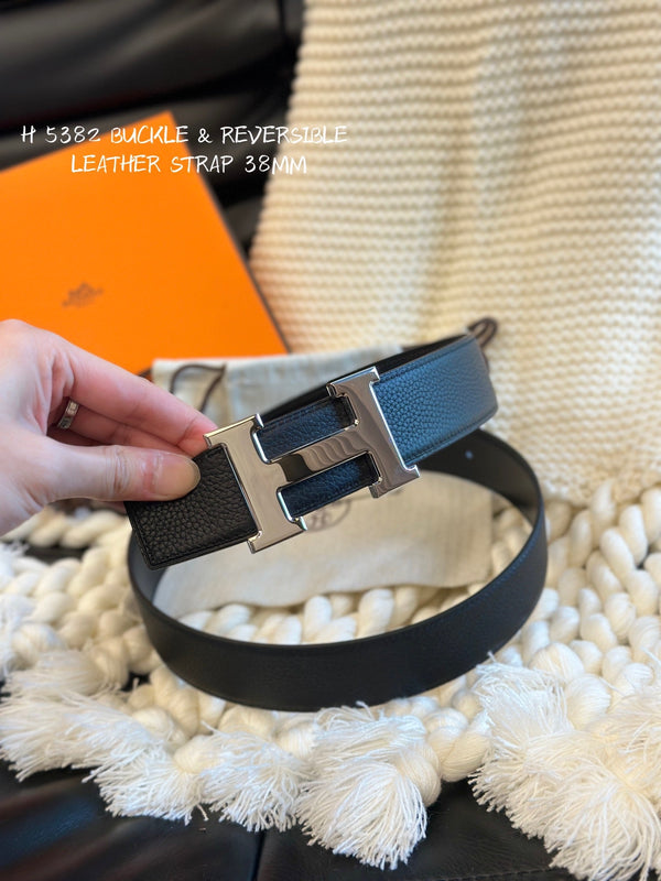 H 5382 BELT 38MM SILVER BUCKLE & REVERSIBLE BLACK LEATHER