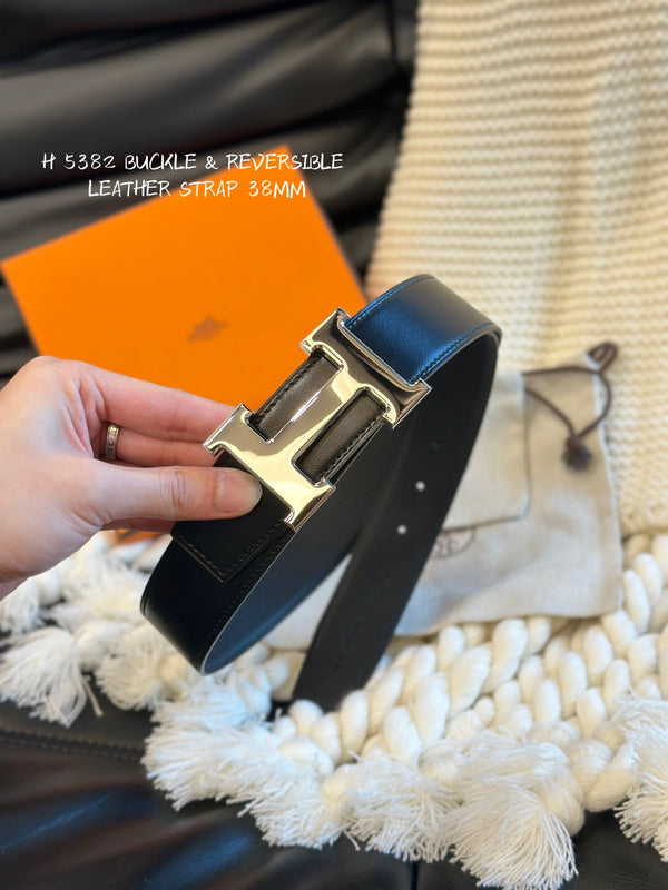 H 5382 BELT 38MM SILVER BUCKLE & REVERSIBLE BLACK LEATHER