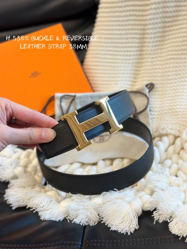 H 5382 BELT 38MM GOLD BUCKLE & REVERSIBLE BLACK LEATHER